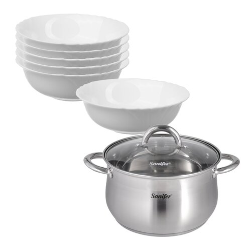 Shportë Sonifer Tenxhere Inoks R 20 Cm, 3.9 Lt dhe Luminarc Cadix Tas Supe 16 Cm, 6 Copë