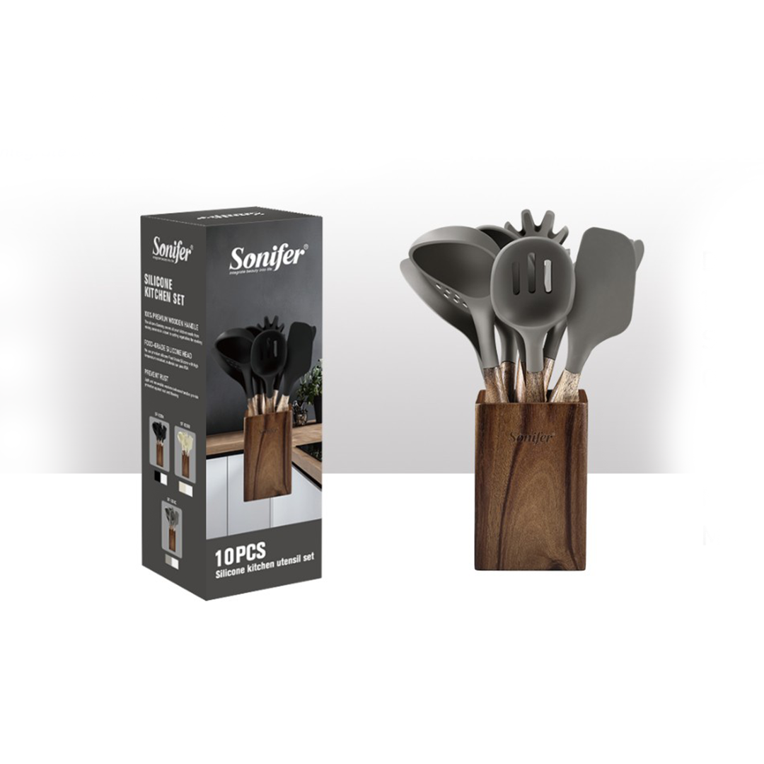Sonifer Set Gatimi Lugë Silikoni me Mbajtëse, B/G/W, Sf-1230ABC, 10 Copë