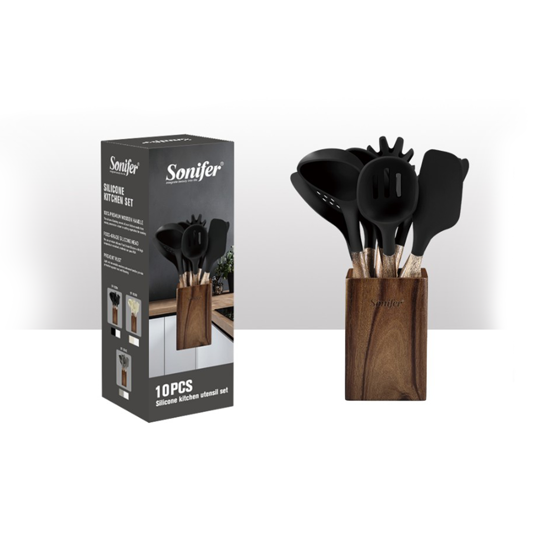 Sonifer Set Gatimi Lugë Silikoni me Mbajtëse, B/G/W, Sf-1230ABC, 10 Copë