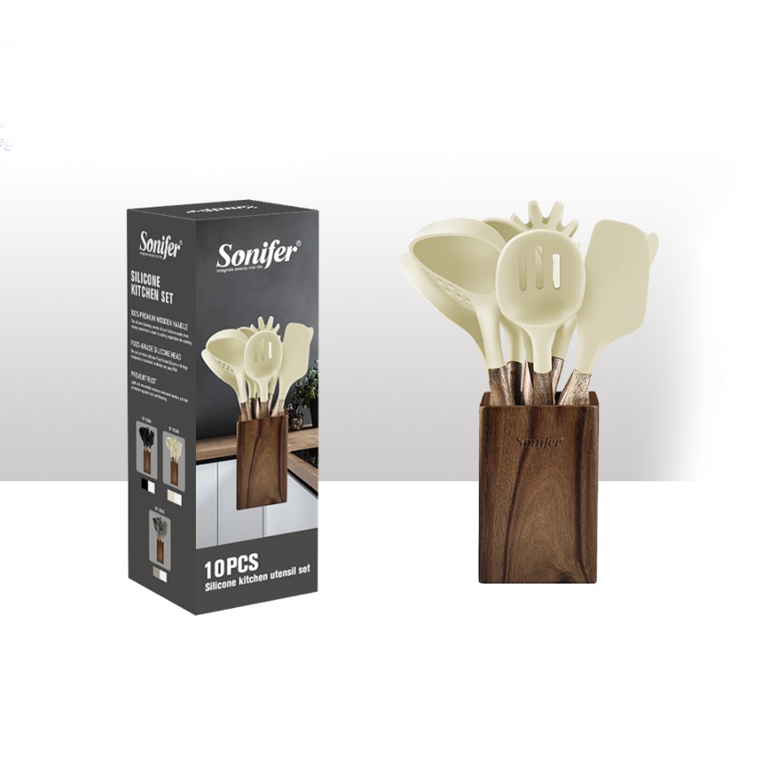 Sonifer Set Gatimi Lugë Silikoni me Mbajtëse, B/G/W, Sf-1230ABC, 10 Copë