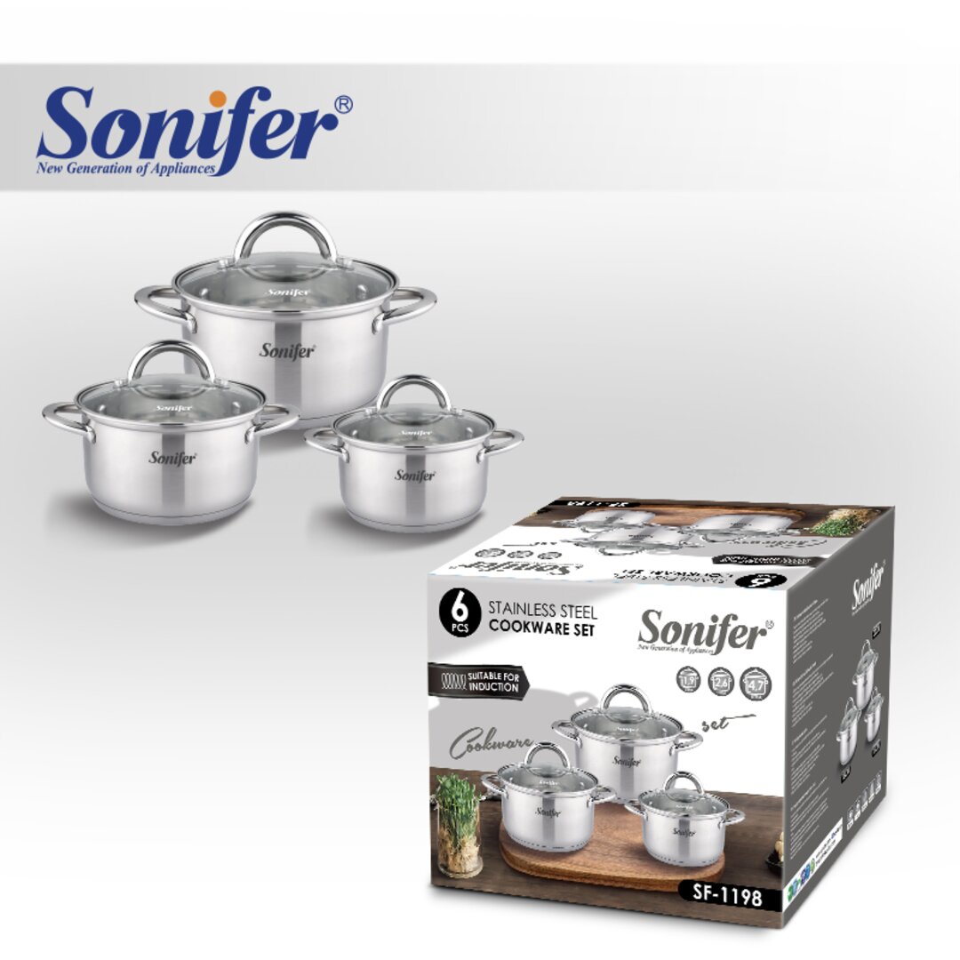 Sonifer Stainless Steel Black Cookware Set, Sf-1198, 6 Pieces