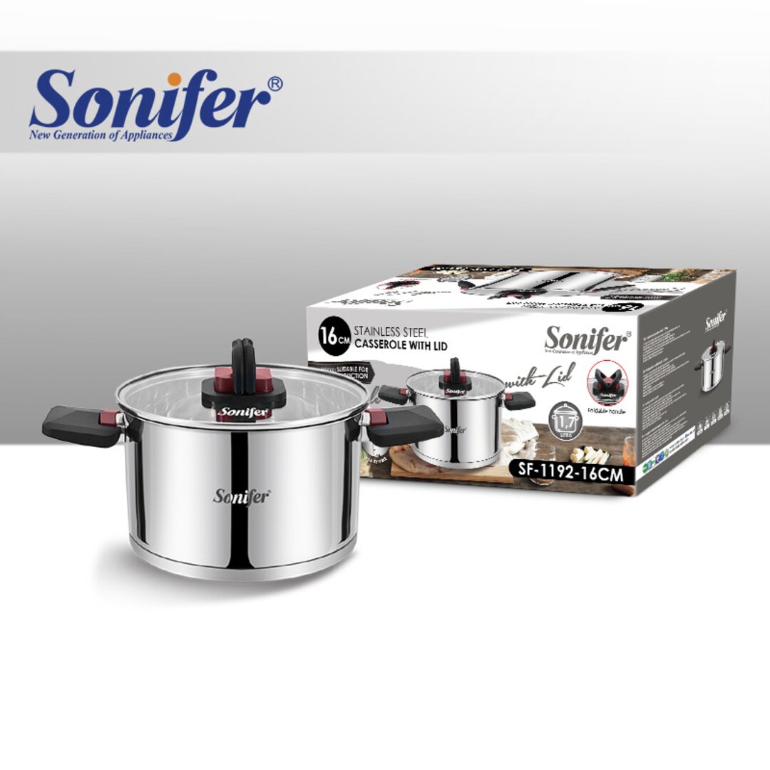 Sonifer Stainless Steel Pot, 16x8.5 Cm, ​​1.7 Lt, Sf-1192-16, 1 Piece