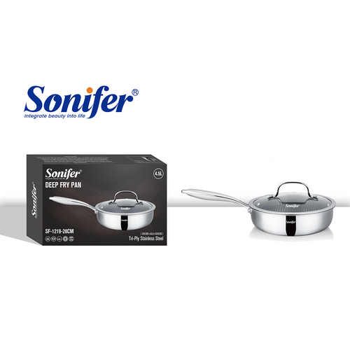 Sonifer Deep Stainless Steel Frying Pan with Titanium Coated Lid, 28 Cm, 4.5 Lt, Sf-1219-28, 1 Piece