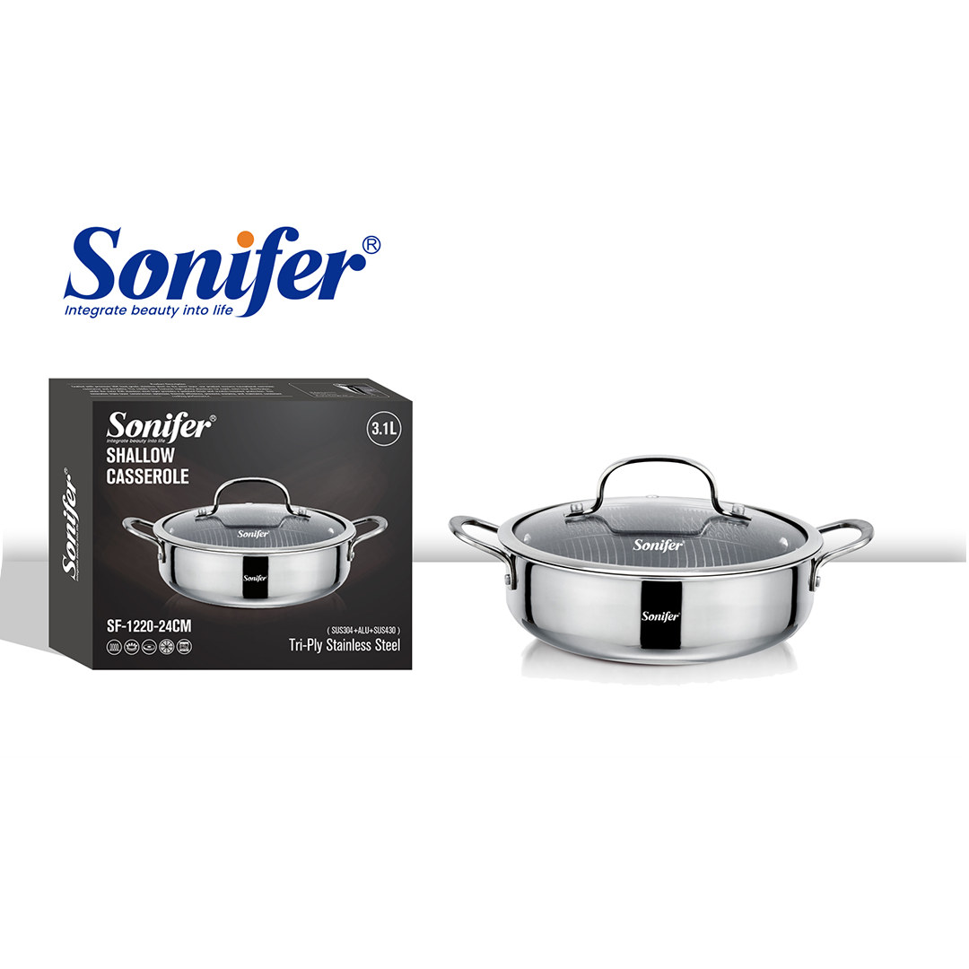 Sonifer Stainless Steel Low Pot with Titanium Coating, 24 Cm, 3.1 Lt, Sf-1220-24, 1 Piece