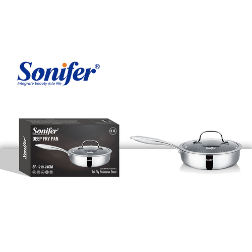 Sonifer Deep Stainless Steel Frying Pan with Titanium Coated Lid, 24 Cm, 3.1 Lt, Sf-1219-24, 1 Piece